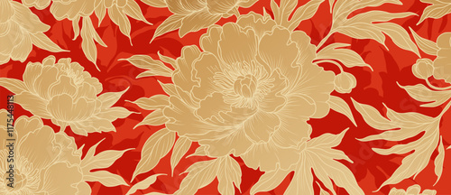 Luxury floral red background with golden Peony flowers. Floral pattern for Chinese New Year. Asian Lunar New Year holiday. Vector for card, banner, cover, wallpaper, packaging, advertising