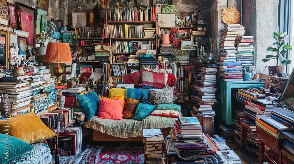 Cozy reading nook filled with vibrant cushions, bookshelves, and Cozy reading nook filled with vibrant cushions, bookshelves, and