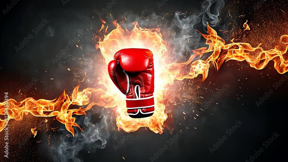 Fiery Red Boxing Glove Surrounded by Flames and Smoke on a Dramatic Dark Background

