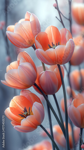 Dreamy orange tulip captured softly against a pale background, with prismatic reflections highlighting its delicate petals and muted pastel hues for greeting cards, wallpapers, digital art projects photo