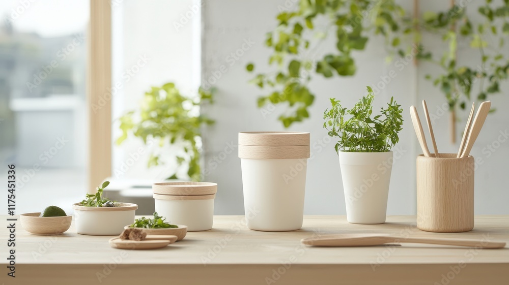 Eco-friendly products with biodegradable production concept. Fresh herbs in stylish pots on a wooden table, surrounded by natural light and greenery, creating a serene indoor gardening atmosphere. Eco-friendly products with biodegradable production concept. Fresh herbs in stylish pots on a wooden table, surrounded by natural light and greenery, creating a serene indoor gardening atmosphere.