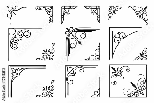 set of black and vintage frame corners vector design silhouette illustration