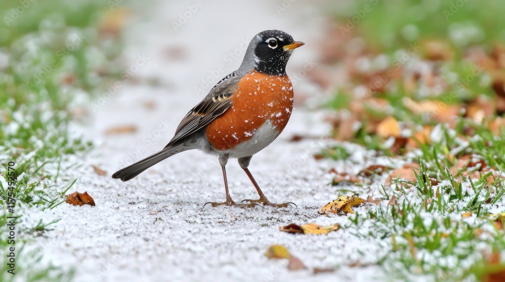 A bird with a snowy background and fallen leaves on the ground. A bird with a snowy background and fallen leaves on the ground.