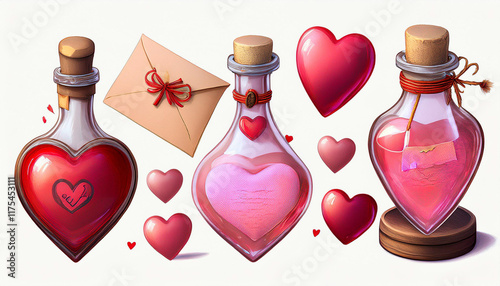 Magical romantic items set - heart shaped potion bottles filled with liquid, sealed parchmen photo