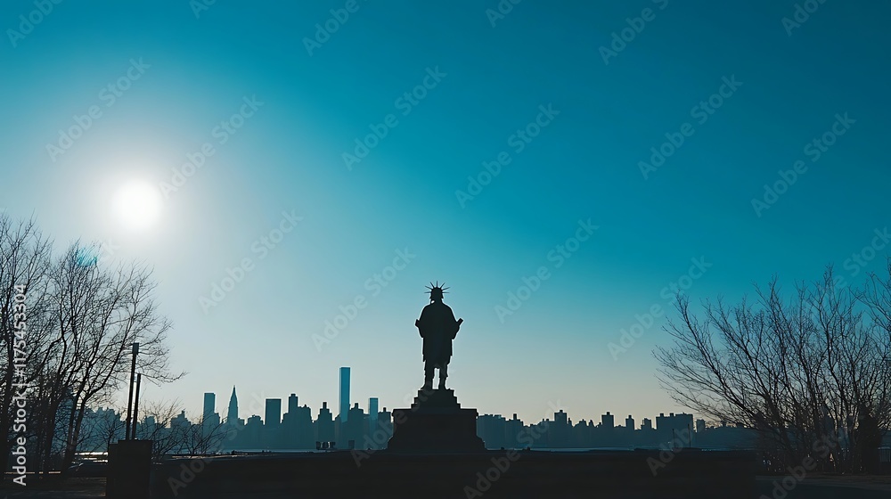 Obraz premium Silhouette Statue Cityscape Sunrise Background