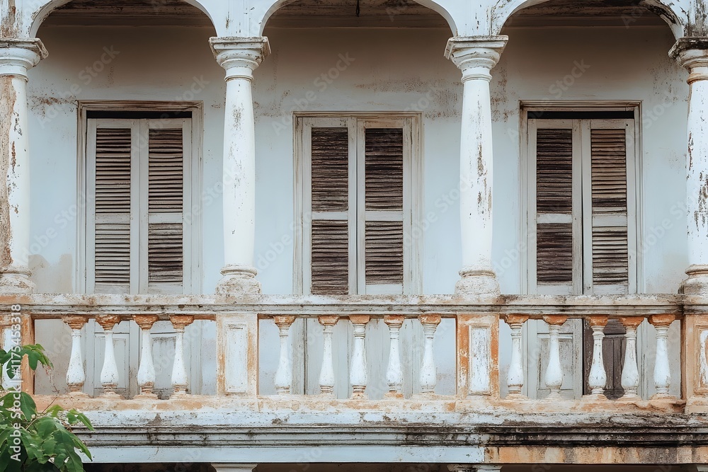 Obraz premium Weathered White Columns and Vintage Wooden Shutters on Old Building