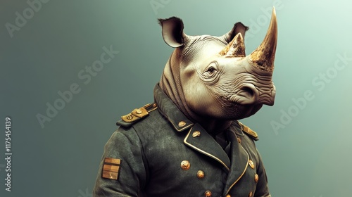 a regal rhino in a tailored military - inspired jacket, 16:9 photo