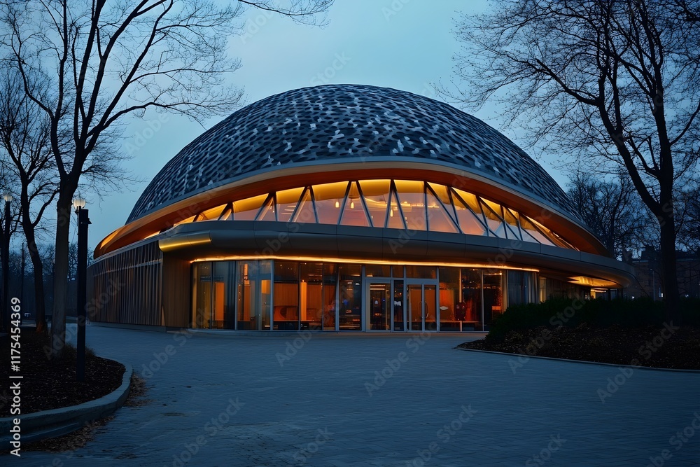 Obraz premium Modern Dome Building Exterior at Night, Illuminated Facade