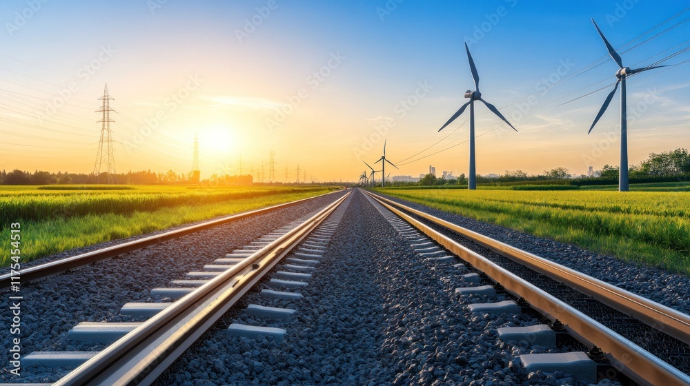 Scenic railway tracks with wind turbines and sunset backdrop. Scenic railway tracks with wind turbines and sunset backdrop.