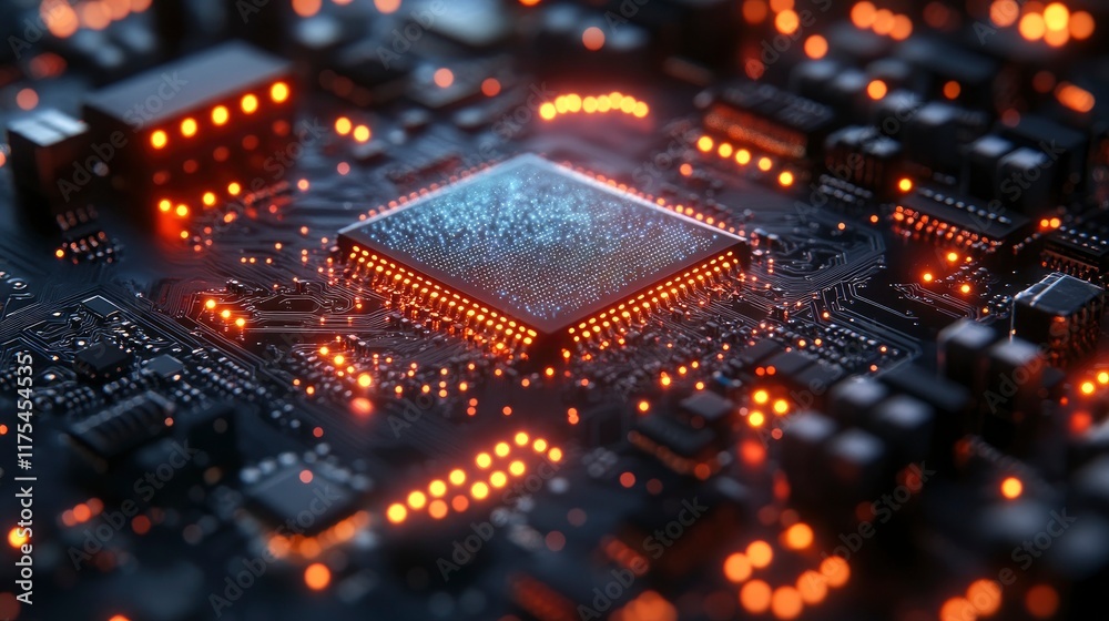 Obraz premium Quantum computer chip with visible atomic-scale components, cool blue lighting