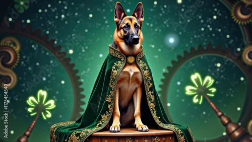 Majestic german shepherd in ornate cape with cosmic steampunk elements photo