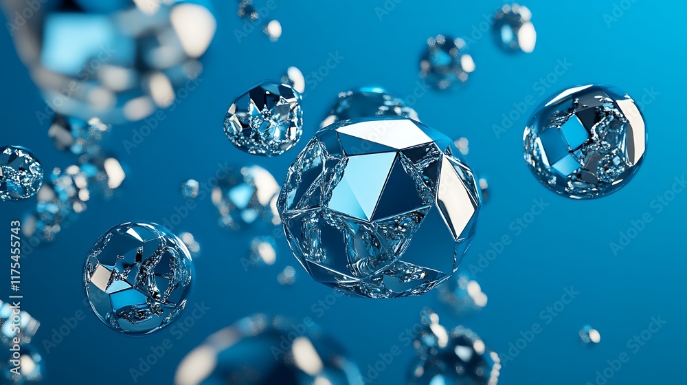 Cluster of 3D geometric figures with reflective surfaces on a rich blue background Cluster of 3D geometric figures with reflective surfaces on a rich blue background