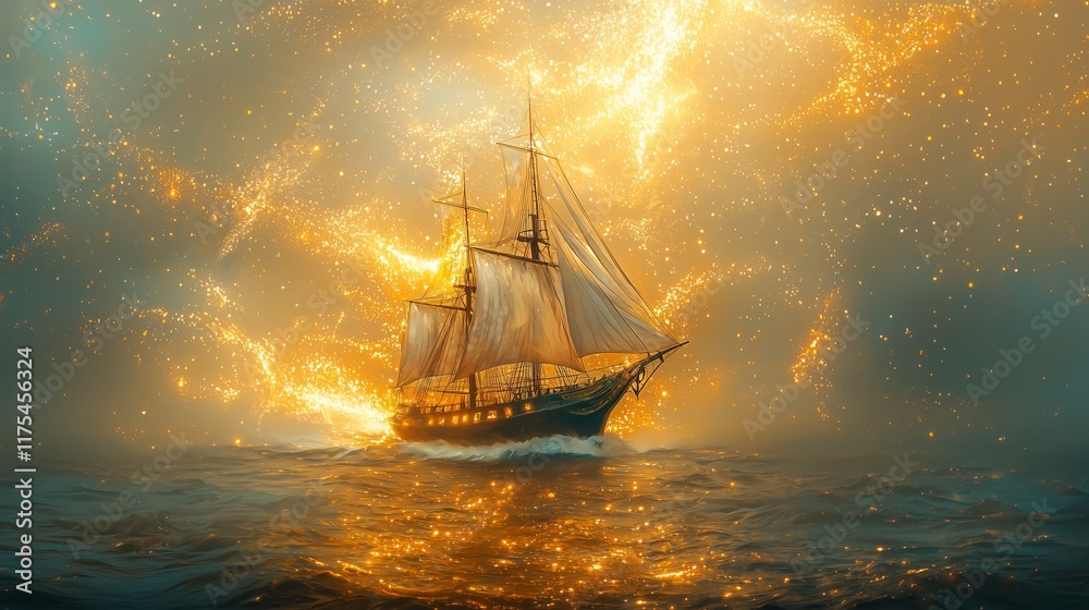 Fototapeta premium Majestic Ship Sailing Through a Cosmic Sea of Sparkling Light