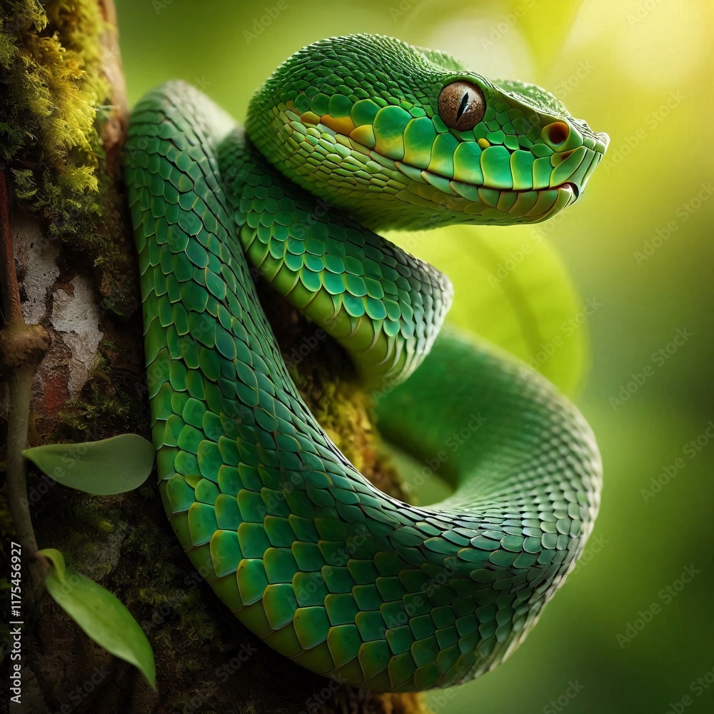 Fototapeta premium Green Snake on Tree Branch