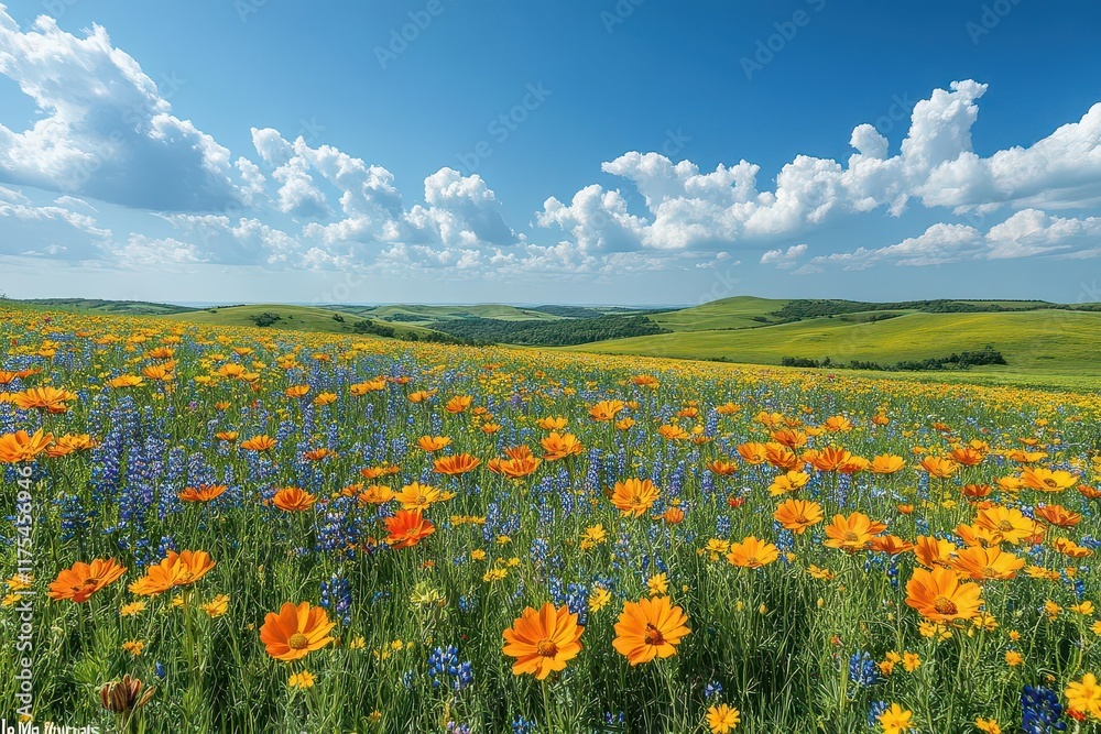 Obraz premium expansive landscape showcasing rolling hills and vibrant wildflowers under a brilliant blue sky reflecting the serenity and beauty of nature