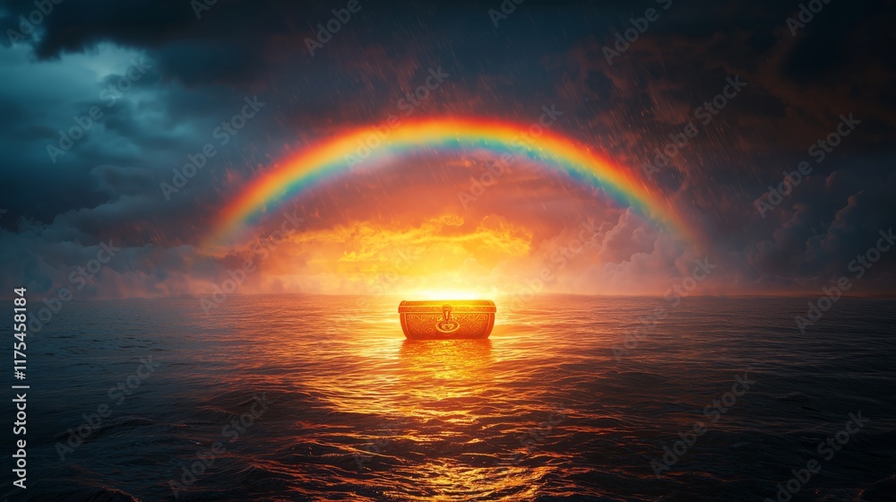 Serene Sunset Over Calm Waters with Rainbow and Illuminated Sky Serene Sunset Over Calm Waters with Rainbow and Illuminated Sky