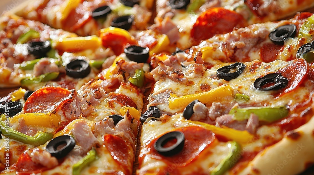 Close-Up View of Delicious Pizza Slices on a Restaurant Menu Featuring Various Toppings and Fresh Ingredients Close-Up View of Delicious Pizza Slices on a Restaurant Menu Featuring Various Toppings and Fresh Ingredients