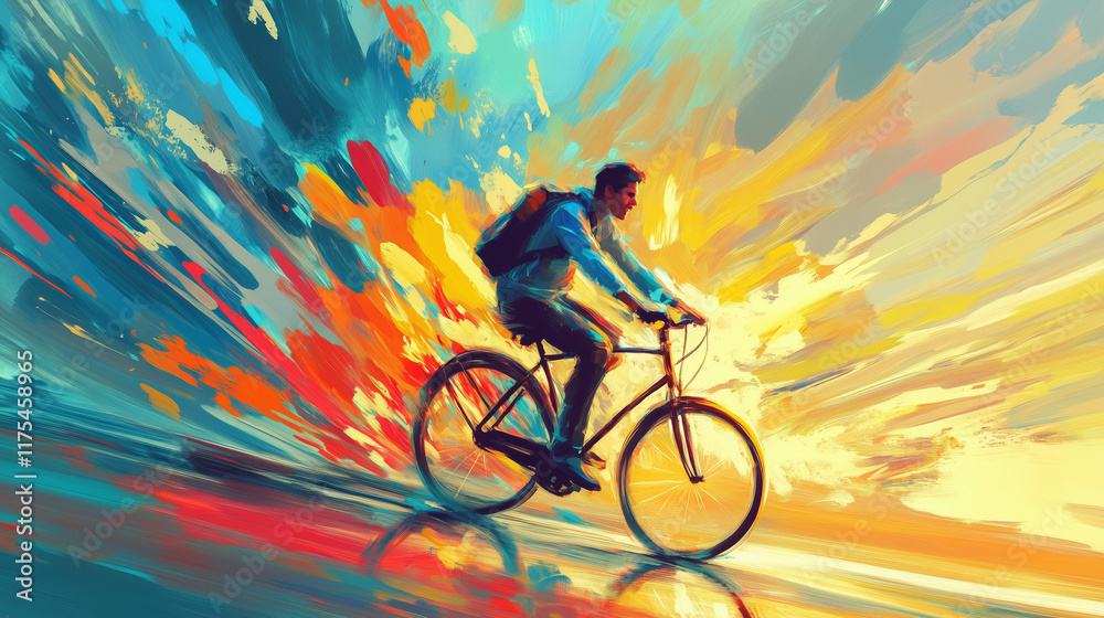 Fototapeta premium A young man riding a bicycle, surrounded by a vibrant, colorful energy in a digital art style. 