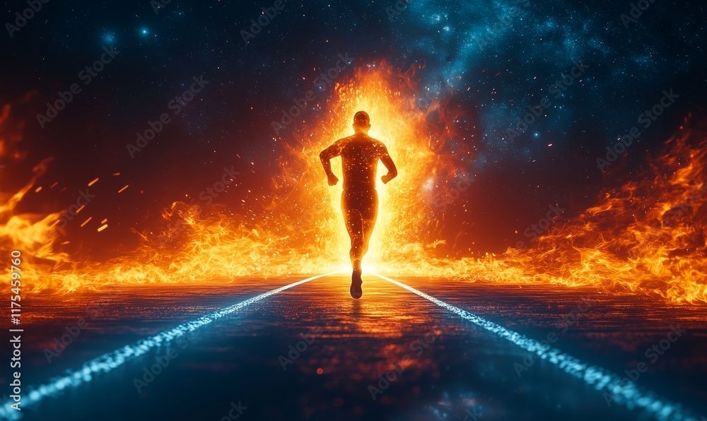 Fototapeta premium Runner in Flames Against Galactic Background with Dynamic Energy