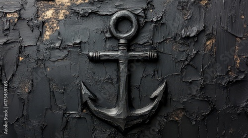 Black wooden anchor on dark textured background. photo