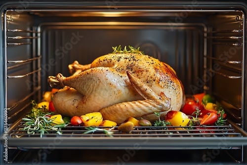 Delicious roast turkey cooking in oven with vegetables and herbs
