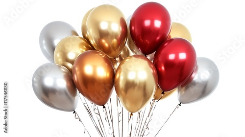 Red, gold and silver balloons on white background.