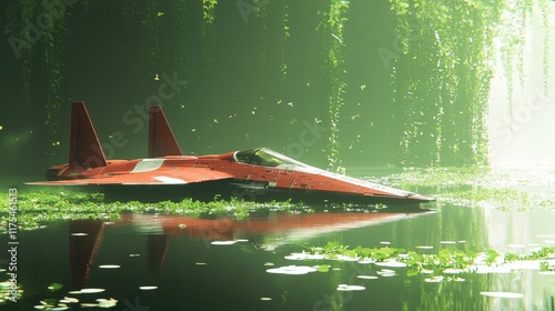 Fototapeta Naklejka Na Ścianę i Meble -  A red spacecraft rests in a tranquil green lagoon surrounded by hanging vines. Ideal for sci-fi book cover or video game environment.