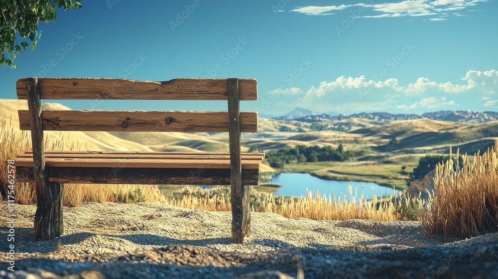 Scenic view of a bench overlooking a tranquil landscape. Scenic view of a bench overlooking a tranquil landscape.