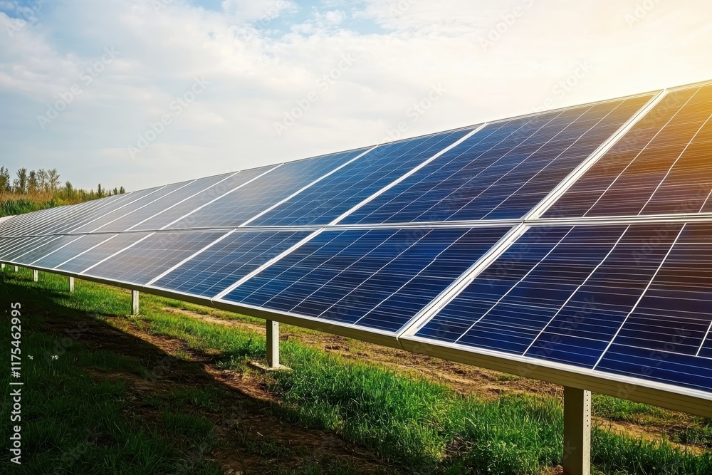 A close-up of solar panels installed in a green grassy field A close-up of solar panels installed in a green grassy field
