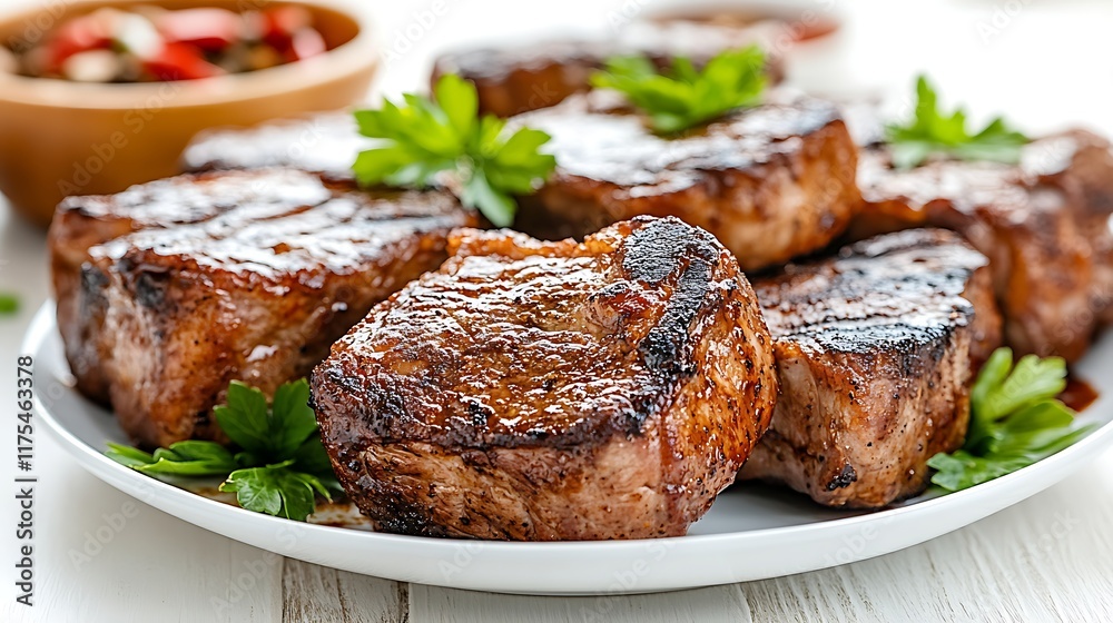 Grilled Pork Tenderloin Slices with Parsley Garnish Grilled Pork Tenderloin Slices with Parsley Garnish
