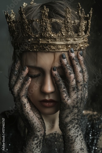 A somber queen with textured hands, wearing a regal crown, exudes mystery. photo