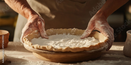 A person’s hands covered in flour prepare a pie dough, set against a rustic kitchen background, highlighting the art and craft of traditional baking techniques. photo