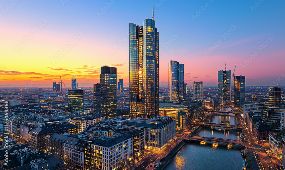 Obraz premium Sunset over Skyline of Modern City with River and Skyscrapers