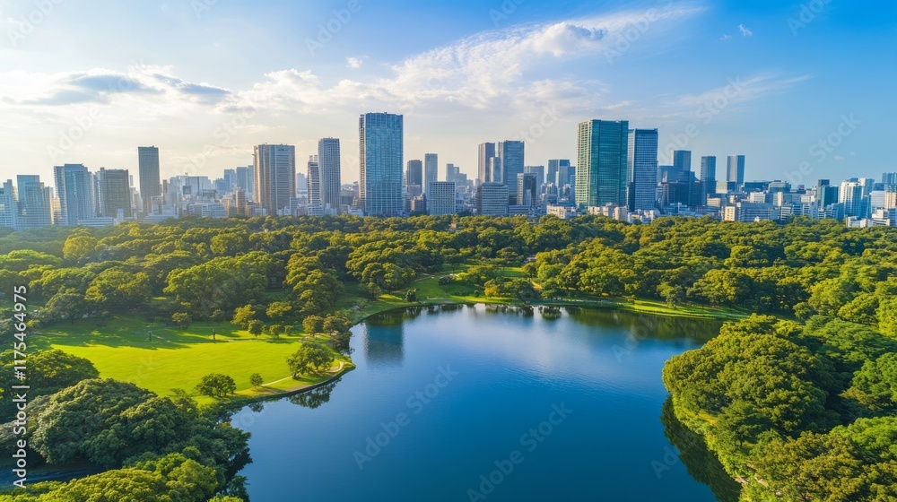 Fototapeta premium City skyline view with park, pond, trees, sky.