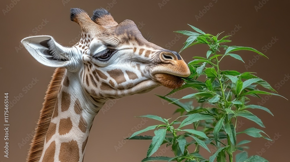 Obraz premium Close-up of a young giraffe delicately nibbling on green leaves. Ideal for nature documentaries, educational materials, or zoo promotions.