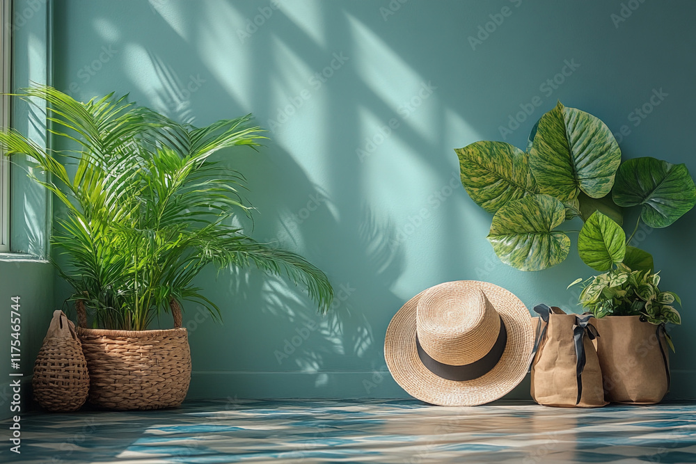 Obraz premium Sunlit Room Decor With Plants Hat And Baskets