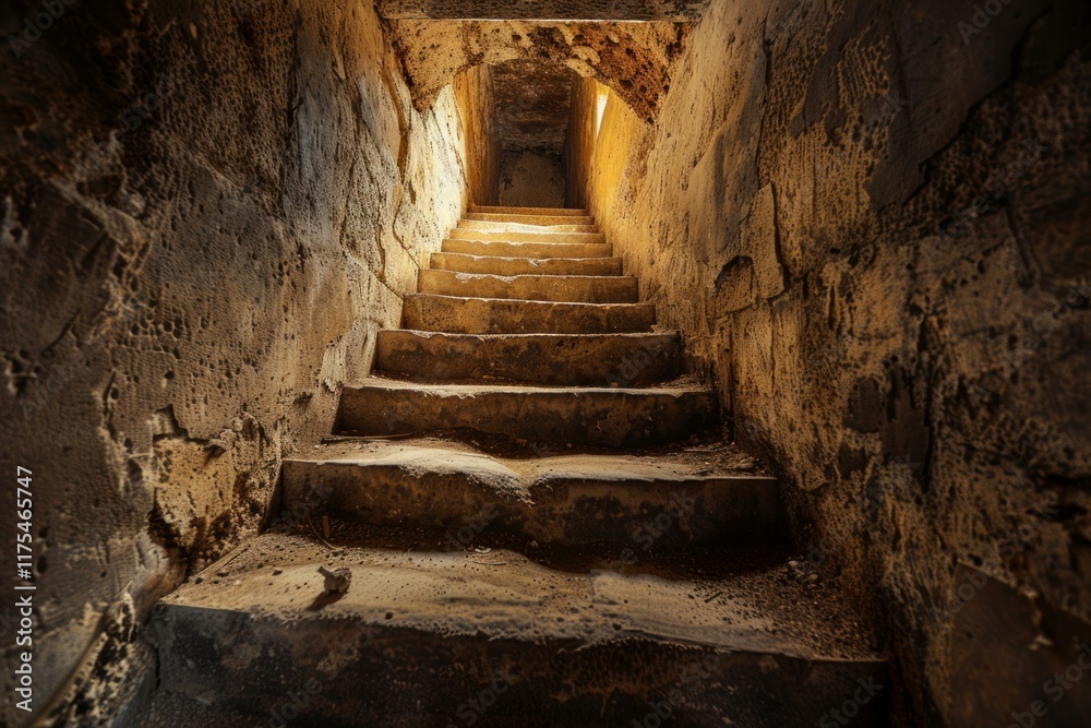 Obraz premium Stone steps ascending from darkness towards a light source in a mysterious, ancient structure