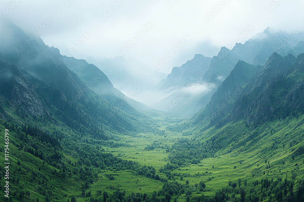 Fototapeta premium Misty Mountain Valley Verdant Landscape Scene
