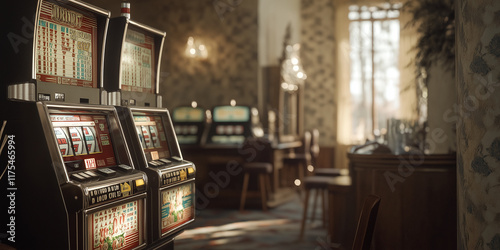 A row of vintage slot machines in a cozy, warmly lit casino interior, exuding a sense of nostalgia and classic entertainment ambiance.