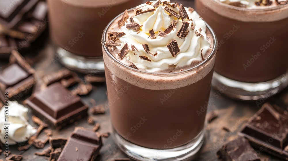 Creamy Chocolate Milkshake with Whipped Cream and Chocolate Shavings in Elegant Glasses Creamy Chocolate Milkshake with Whipped Cream and Chocolate Shavings in Elegant Glasses