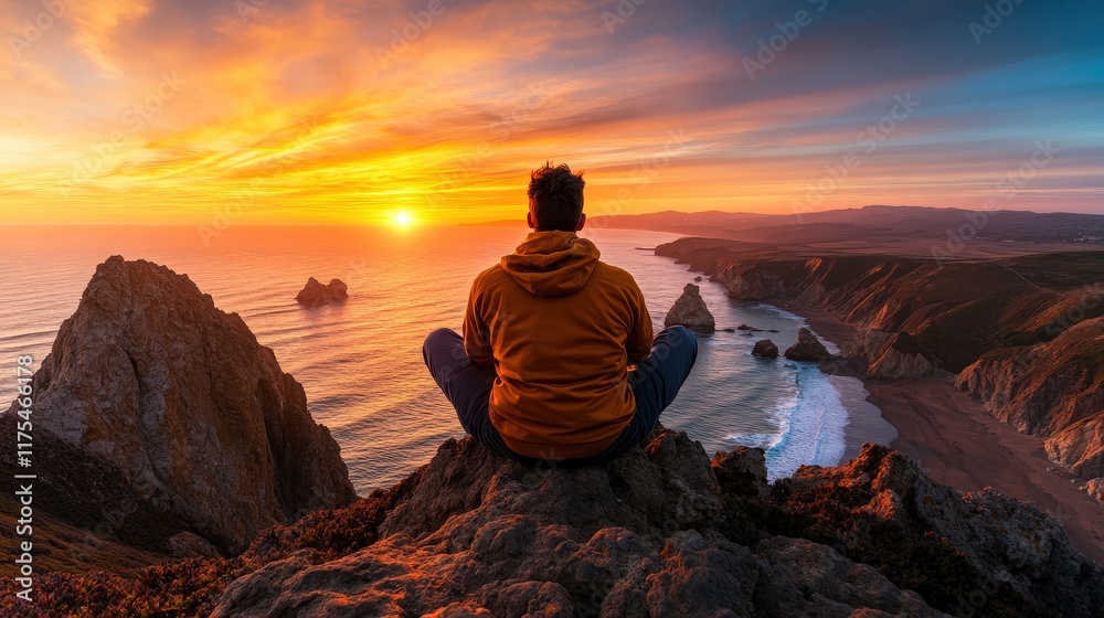 A serene silhouette of a person meditating on a rocky outcrop during sunset, signifying tranquility and introspection amidst the breathtaking landscape of ocean and cliffs.
