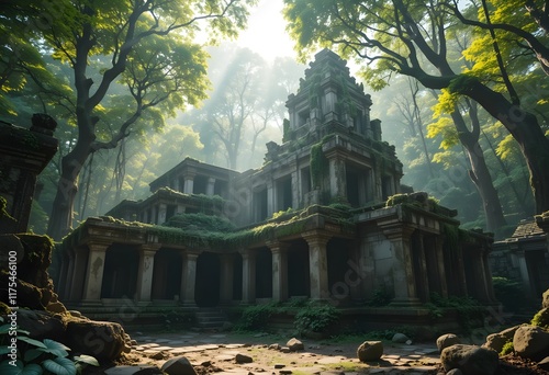 Ruins of an ancient civilization, like a stone temple covered in vines and moss - 02 photo