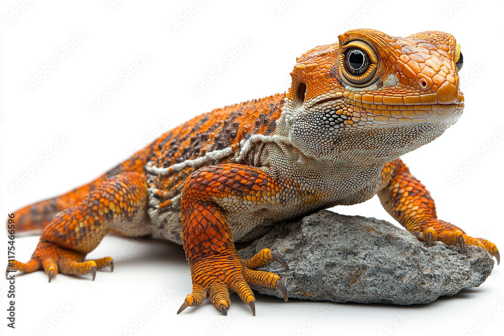 Naklejka premium An orange and brown lizard rests on a rock