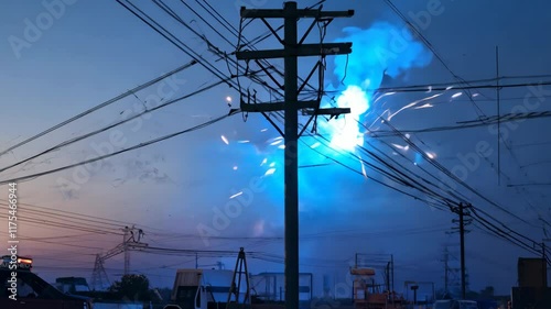 Electrical explosion on a power line pole during twilight, with sparks and a blue flash illuminating the sky, surrounded by utility trucks and power infrastructure.