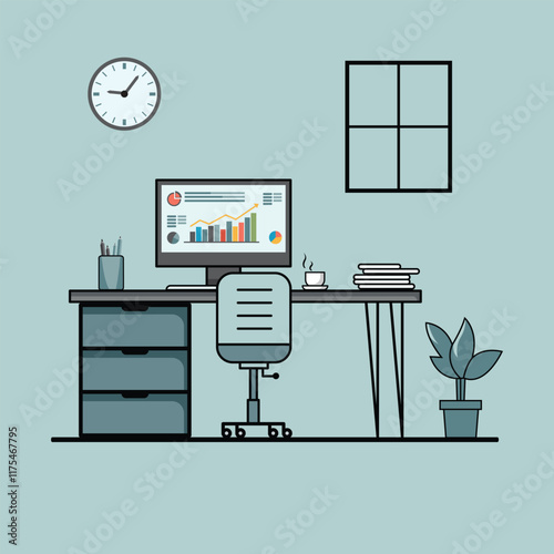 Modern desk with a computer. Working table. Working table flat design Concept
