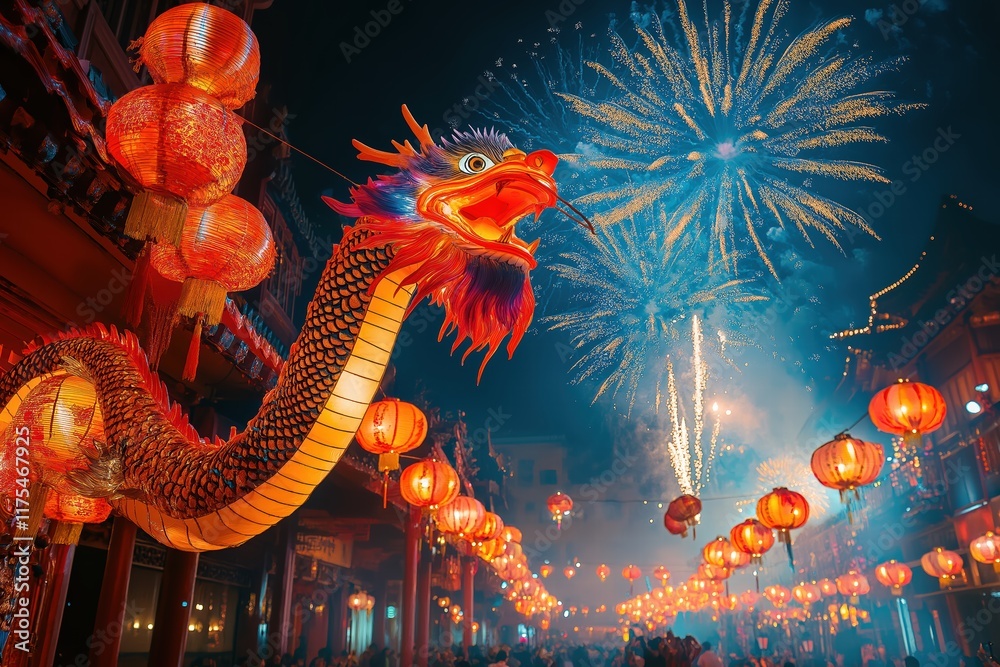 Obraz premium A captivating dragon dance performed in the streets at night, illuminated by glowing lanterns and vibrant fireworks bursting in the sky, symbolizing the celebration of the Year of the Snake.