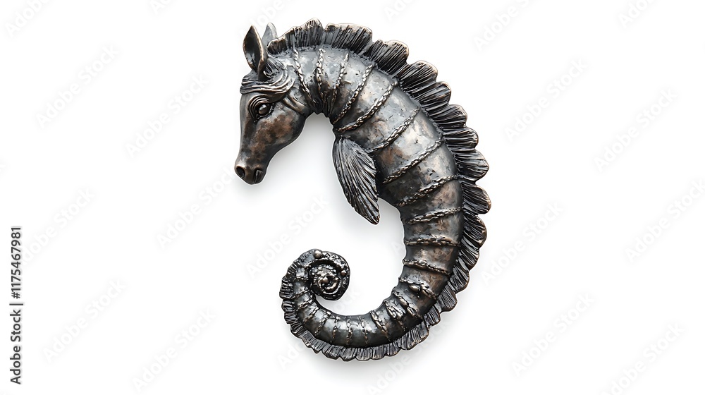 Fototapeta premium A metallic seahorse on white background.