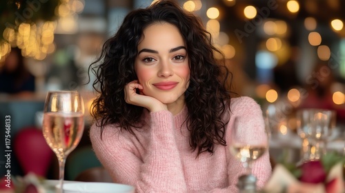 Smiling woman in cozy sweater at restaurant with sparkling lights