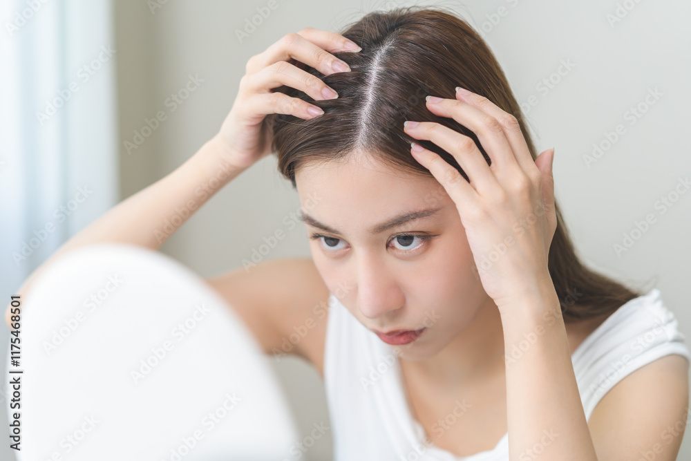 Damaged hair symptom, problem hair fall asian young woman, girl worry about balding, looking at scalp in mirror, hand in break into front hair loss, thin problem. Health care treatment for beauty. Damaged hair symptom, problem hair fall asian young woman, girl worry about balding, looking at scalp in mirror, hand in break into front hair loss, thin problem. Health care treatment for beauty.