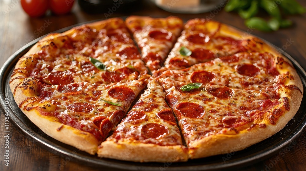 Fresh Margherita Pizza with Basil and Rich Toppings on a Rustic Wooden Table Fresh Margherita Pizza with Basil and Rich Toppings on a Rustic Wooden Table